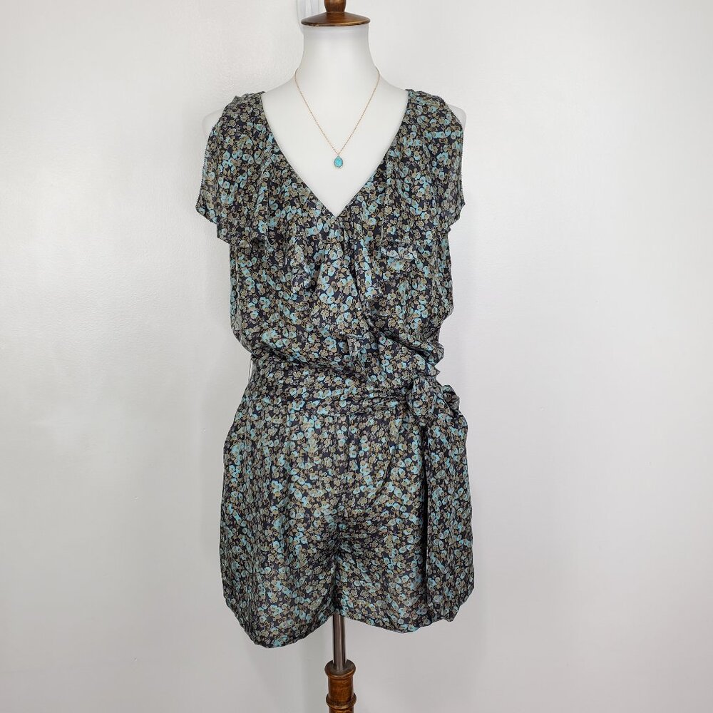 Hinge 100% Silk Ditsy Floral Ruffle Neckline Belted Romper With Pockets Size S